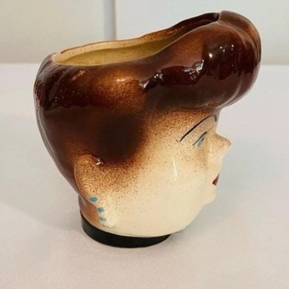 Vintage Ceramic Head Vase Mid Century Lady Brown Bouffant Hair 4.375in MCM 50s
